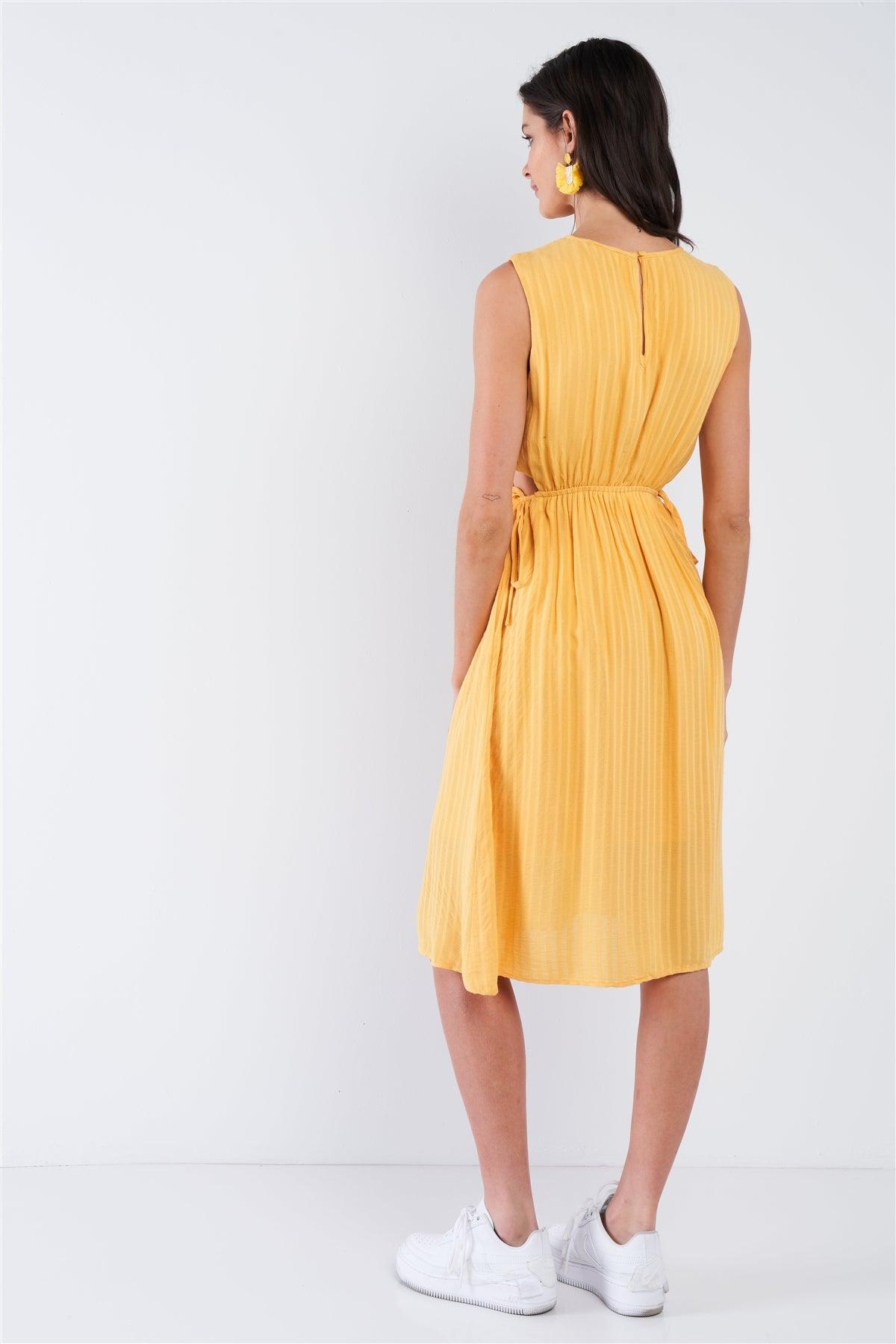 Yellow Boho Print Chic Adjustable Side Cut Midi Dress /2-2-2