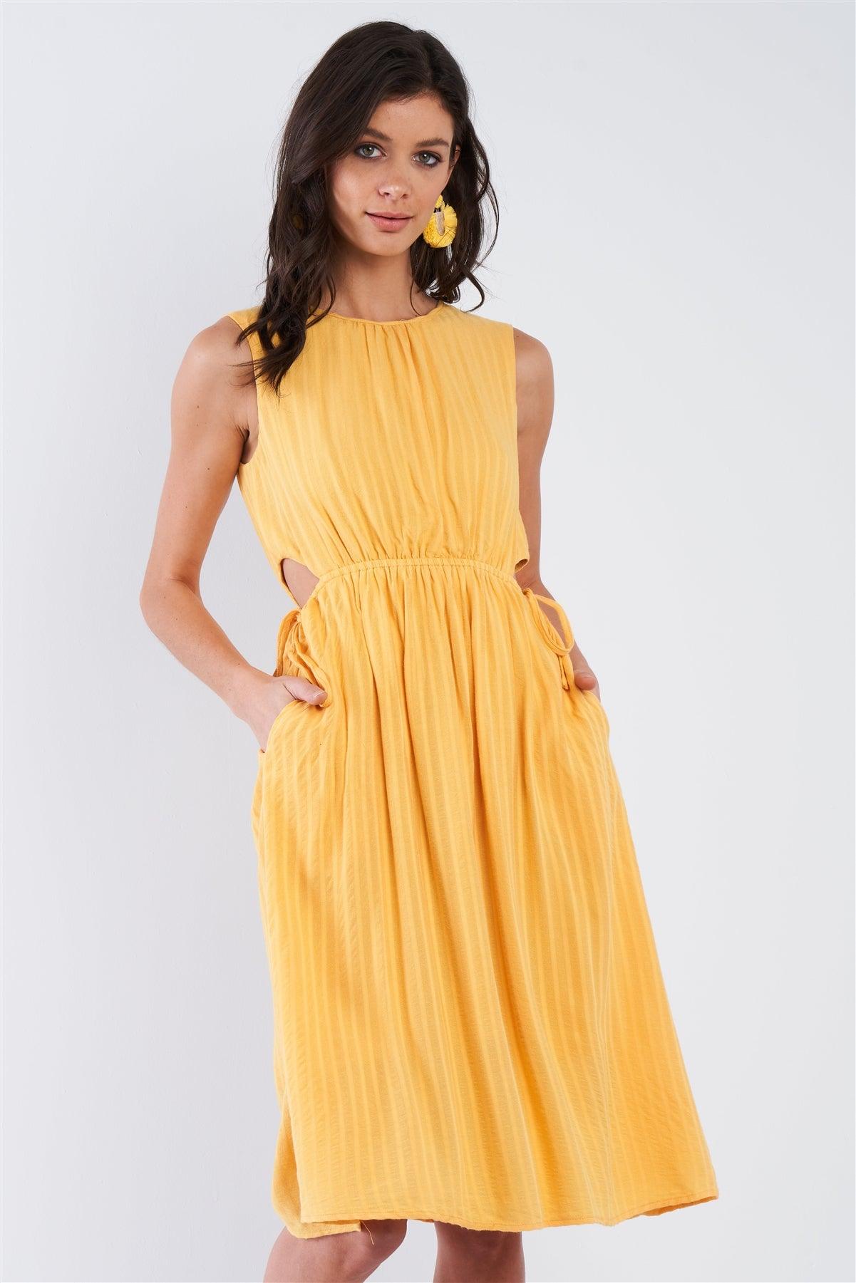 Yellow Boho Print Chic Adjustable Side Cut Midi Dress /2-2-2