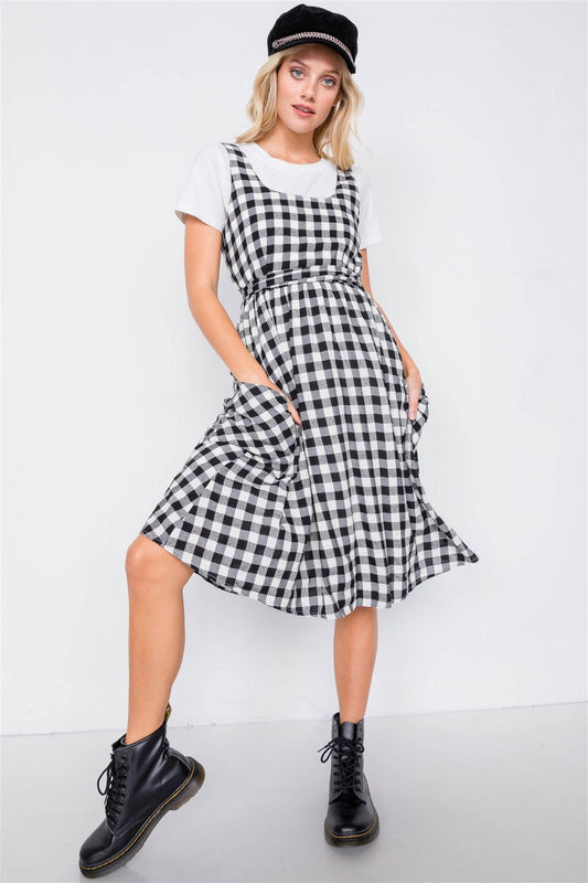 Black Scoop Neck Side Pockets Checkered Gingham Midi Dress /2-2-2