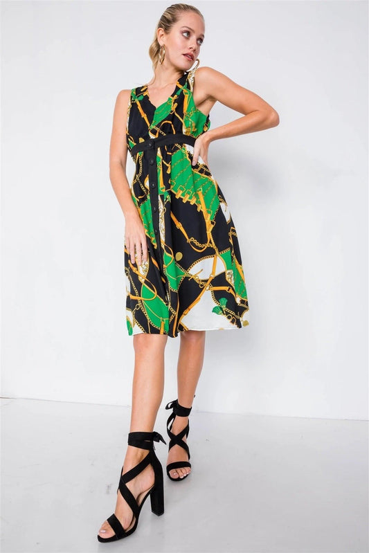 Green Gold Chain Print V-Neck Office Chic Midi Dress