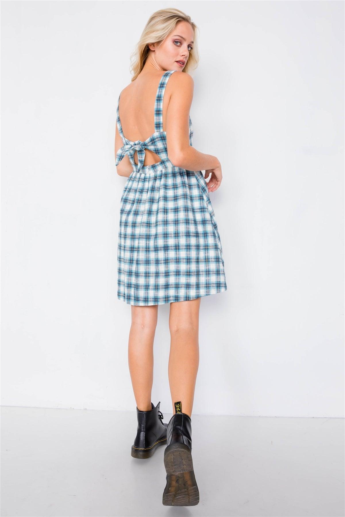 Blue Plaid Stripe Cut Out Back Bow Midi Sundress /2-2-2