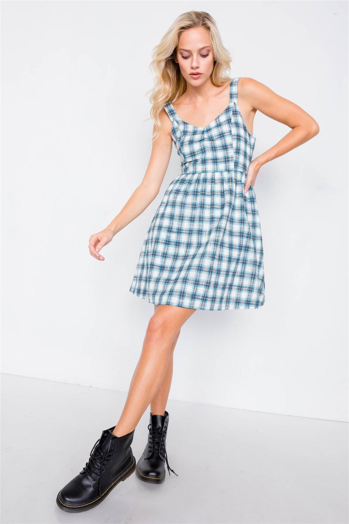 Blue Plaid Stripe Cut Out Back Bow Midi Sundress /2-2-2