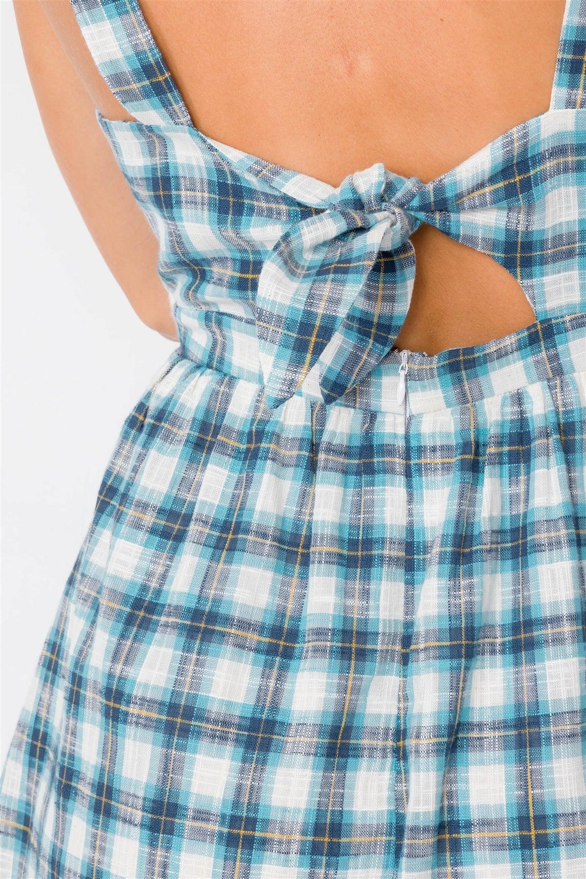 Blue Plaid Stripe Cut Out Back Bow Midi Sundress /2-2-2