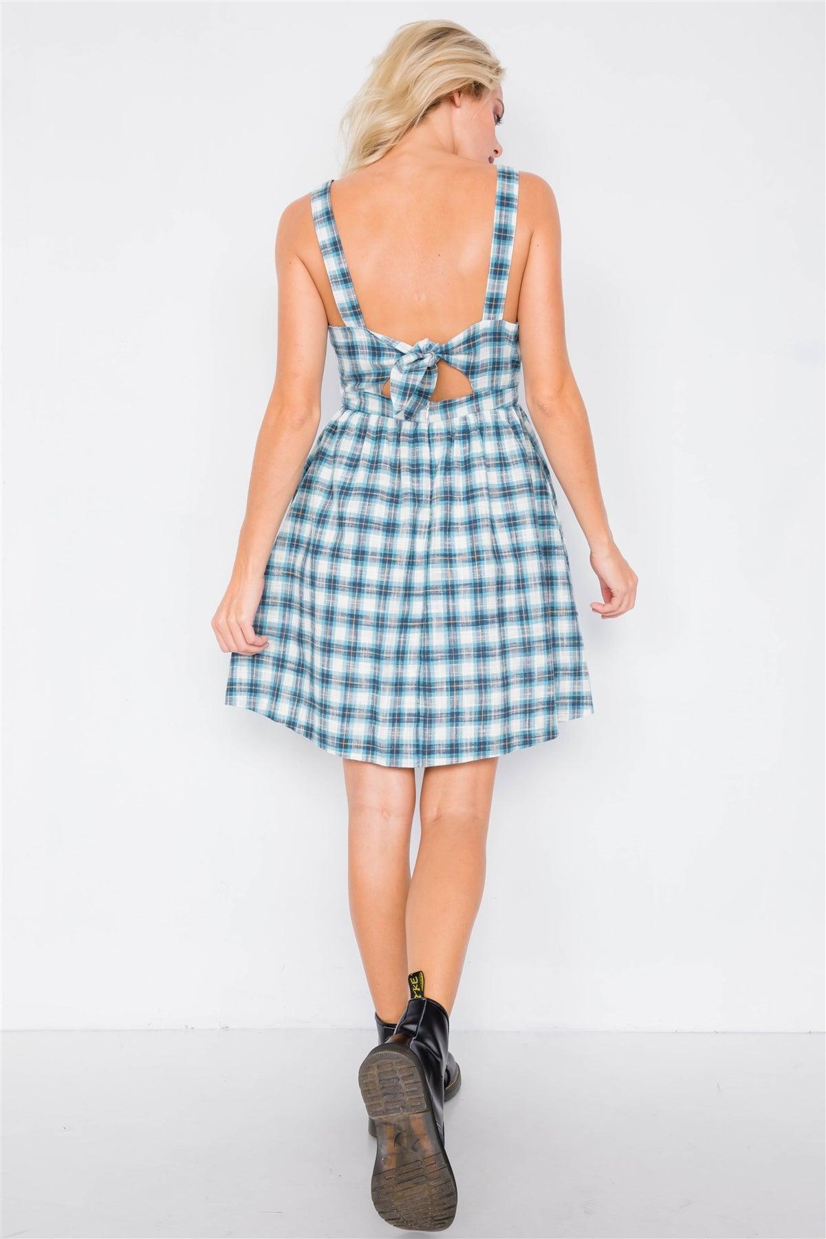 Blue Plaid Stripe Cut Out Back Bow Midi Sundress /3-2-2