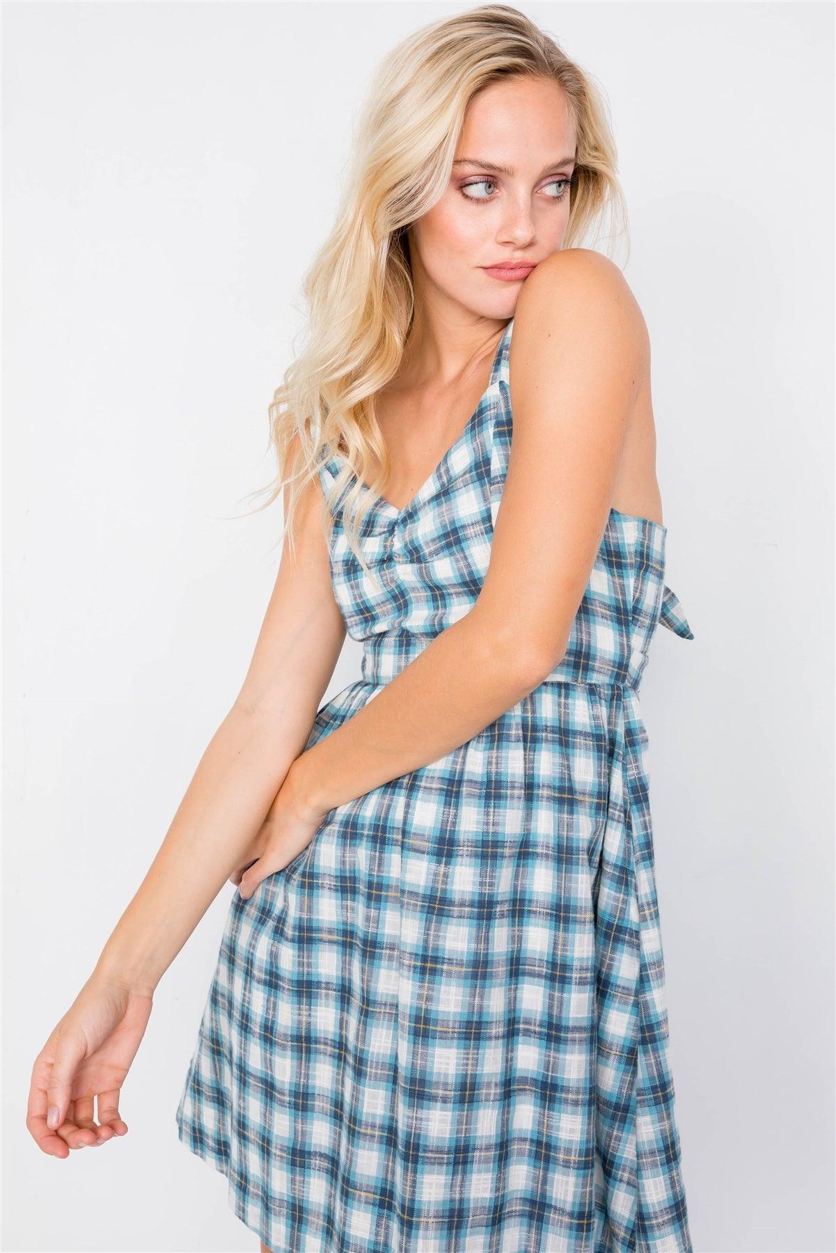 Blue Plaid Stripe Cut Out Back Bow Midi Sundress /3-2-2