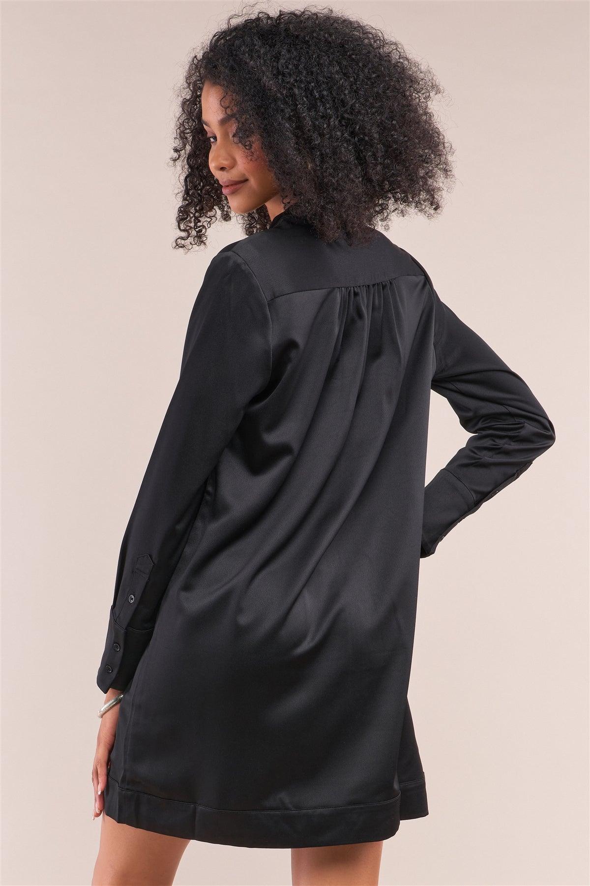 Jet Black Satin V-Neck Long Sleeve Relaxed Fit Shirt Dress /1-2-1