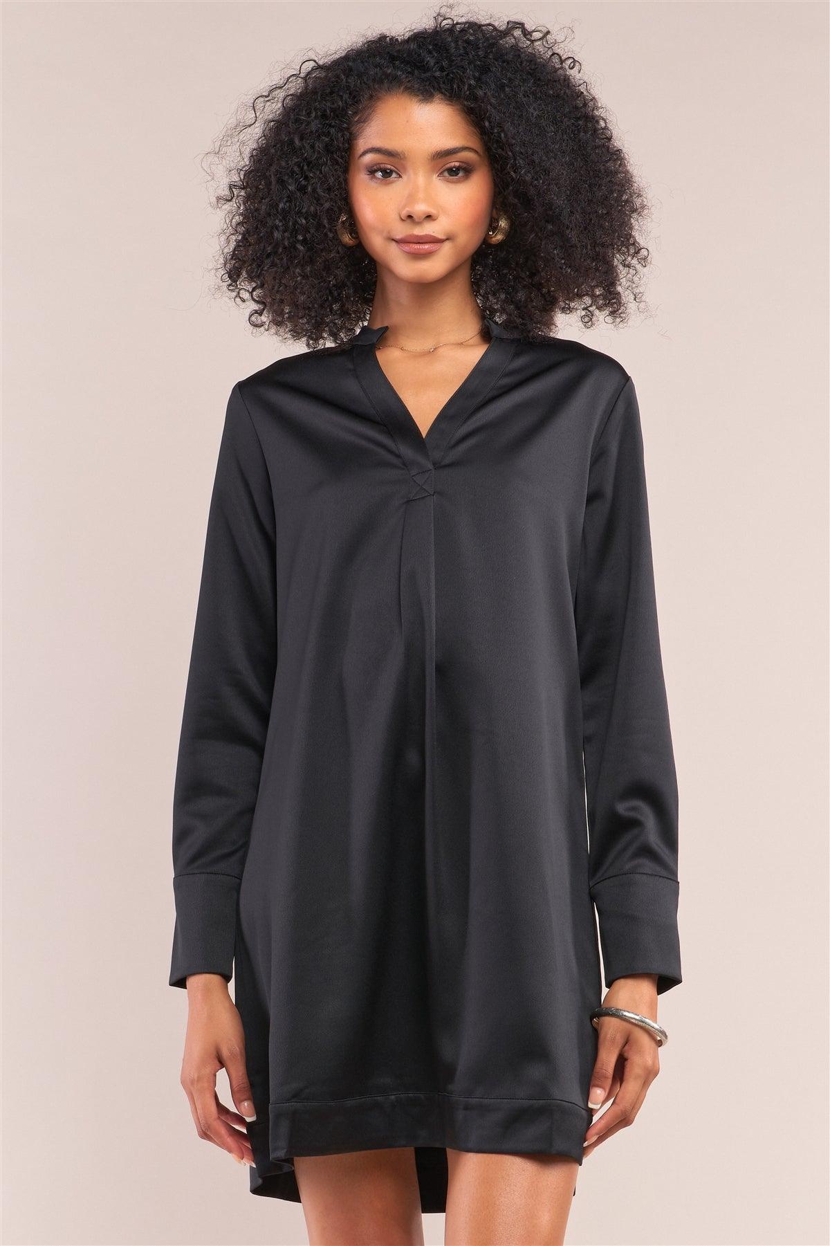 Jet Black Satin V-Neck Long Sleeve Relaxed Fit Shirt Dress /1-2-1