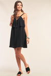 Black Sleeveless Lace-Up Detail V-Neck Layered Mini Dress /1-2-2