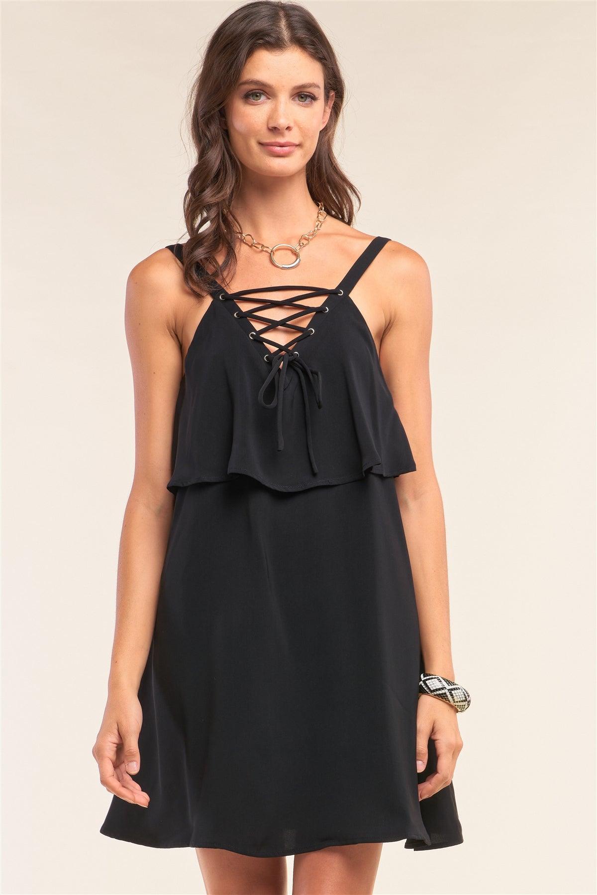 Black Sleeveless Lace-Up Detail V-Neck Layered Mini Dress /1-2-2