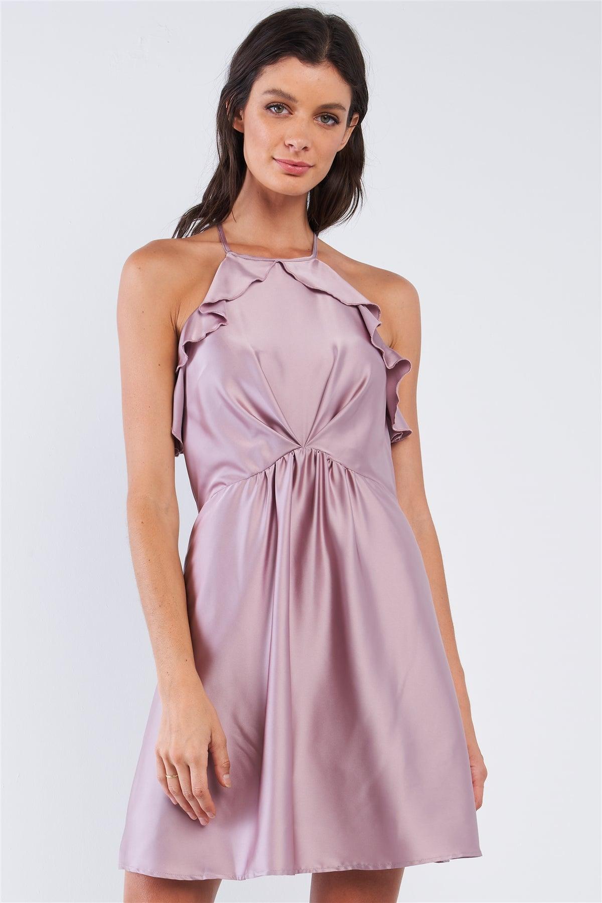 Mauve Satin Sleeveless Gathered Front Detail Ruffle Hem Round Neck Open Back Cocktail Mini Dress /1-2-2-1