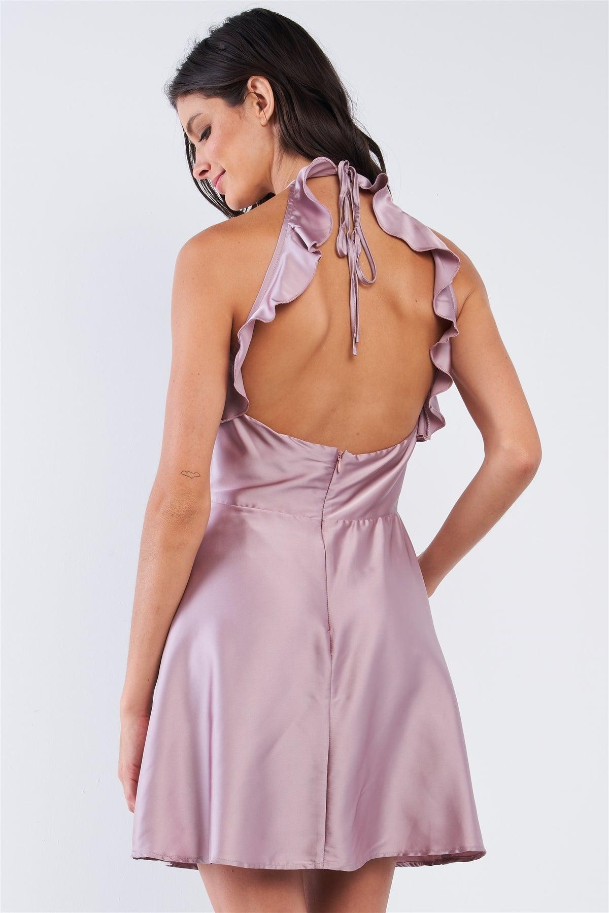 Mauve Satin Sleeveless Gathered Front Detail Ruffle Hem Round Neck Open Back Cocktail Mini Dress /1-2-2-1