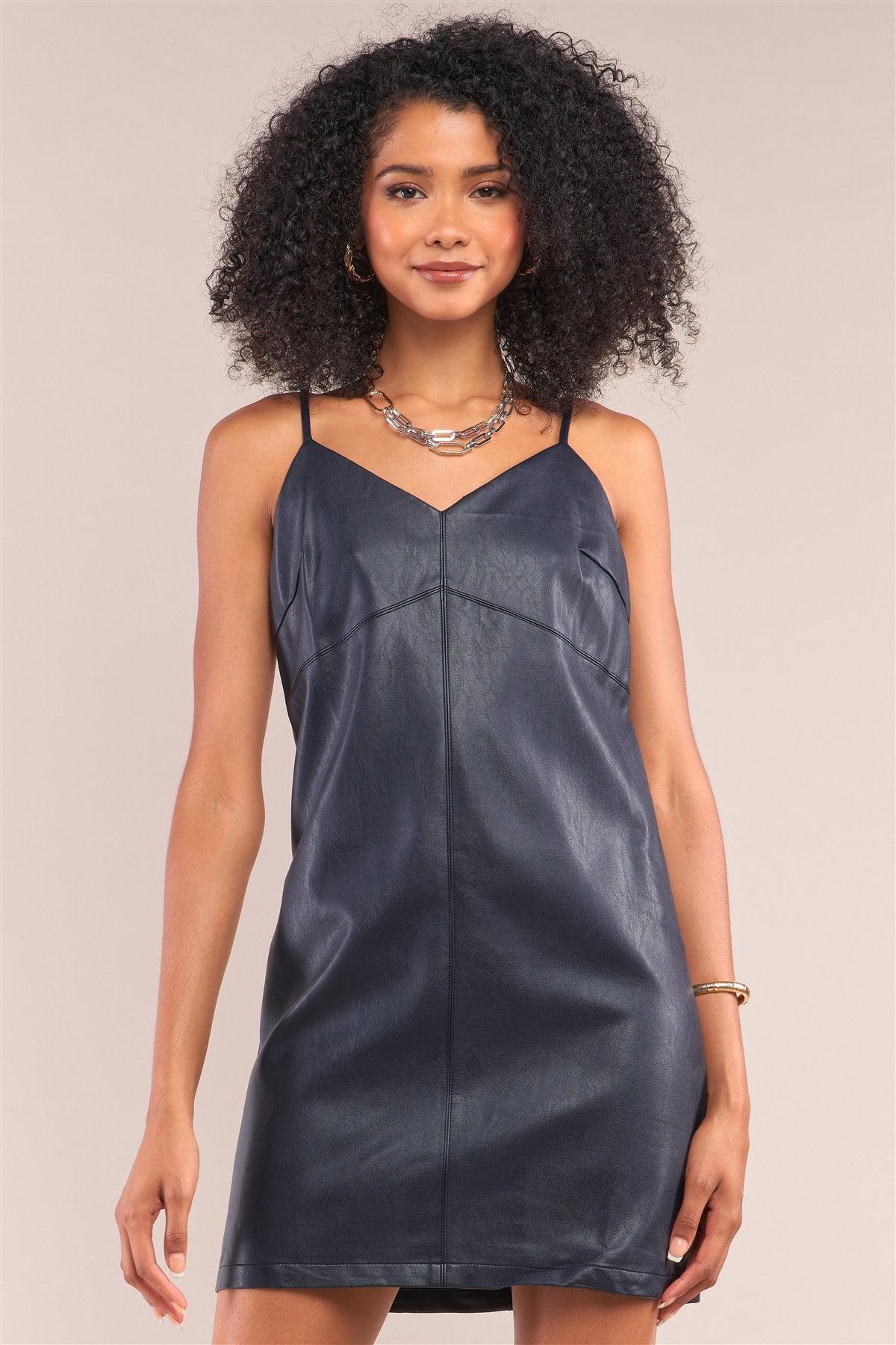 Navy Vegan Leather Sleeveless V-Neck Stitch Detail Mini Dress /1-2-2