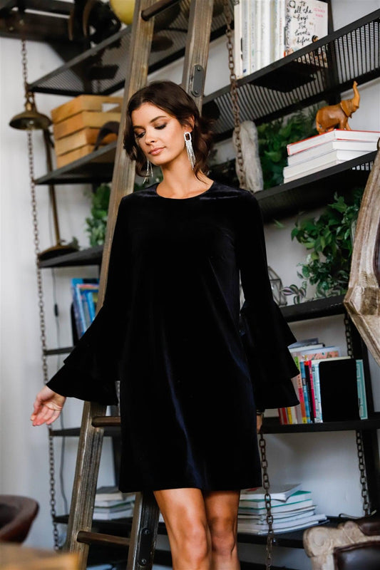 Black Velvet Ruffled Long Sleeve Relaxed Mini Dress /2-2-2