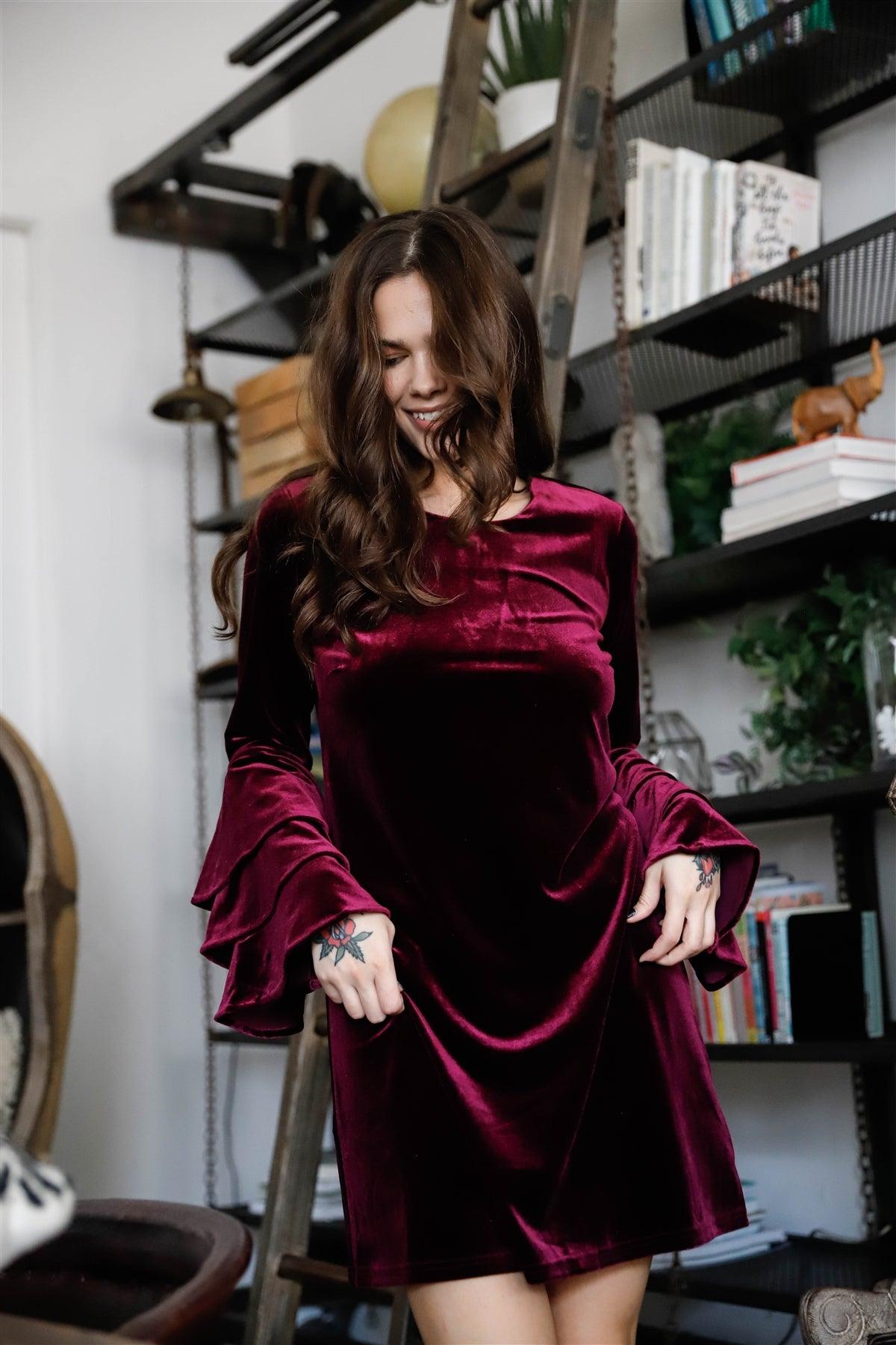 Burgundy Velvet Ruffled Long Sleeve Relaxed Mini Dress /2-2-2