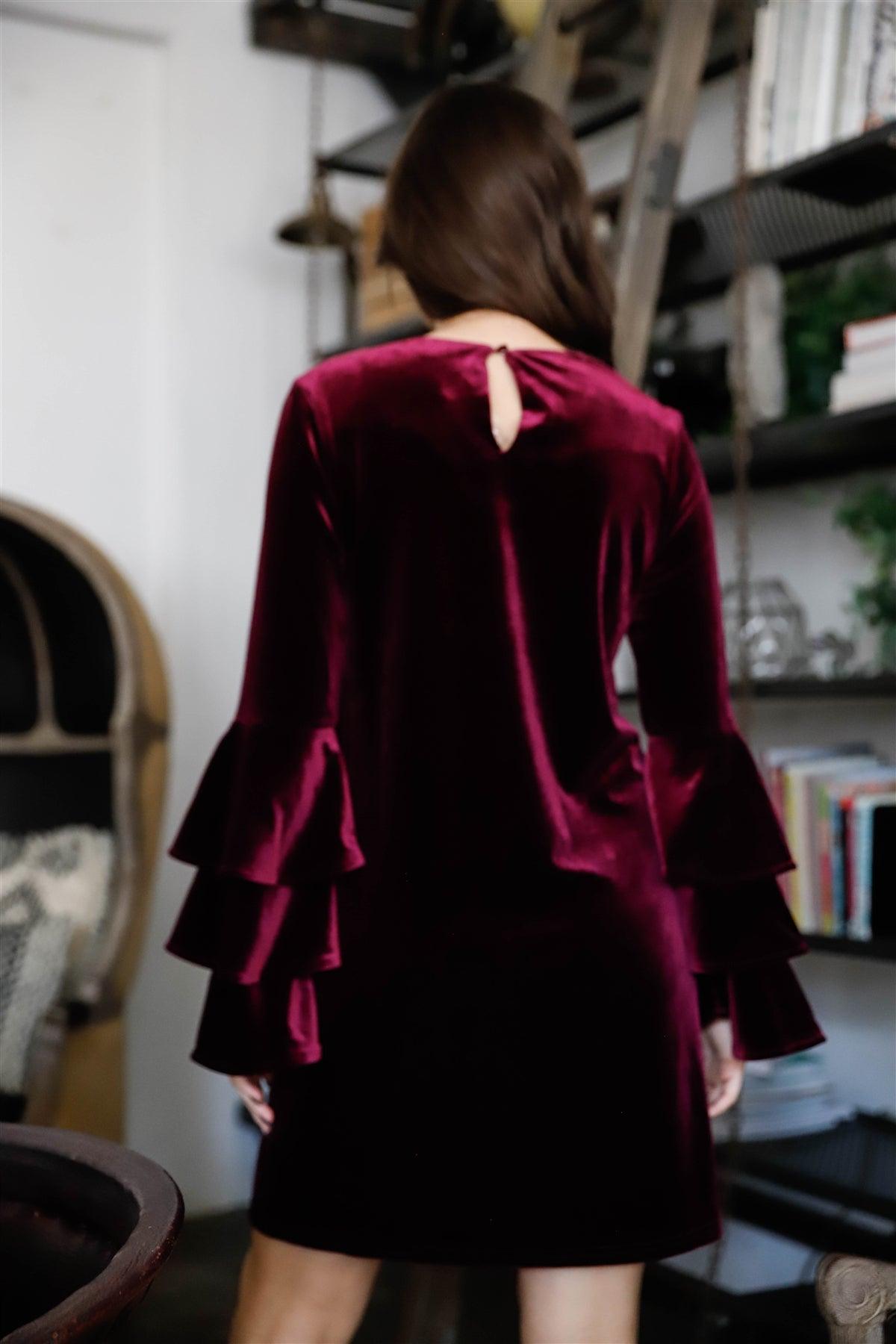 Burgundy Velvet Ruffled Long Sleeve Relaxed Mini Dress /2-2-2