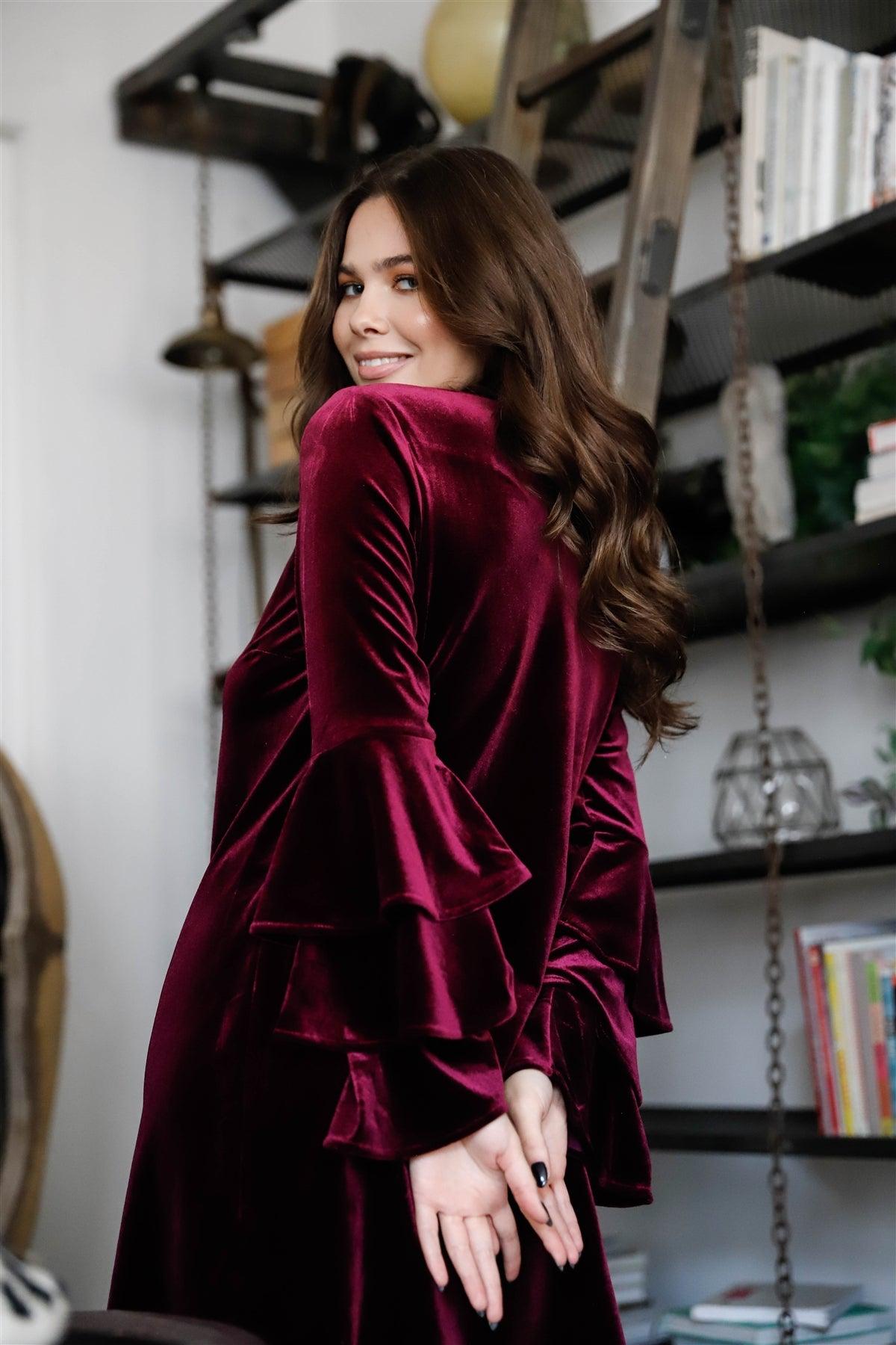 Burgundy Velvet Ruffled Long Sleeve Relaxed Mini Dress /1-1-1-1-1