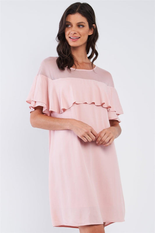 Dusty Pink Loose Fit Chest Lace Mesh Detail Ruffle Off-The-Shoulder Hem Mini Dress /1-2-2-1