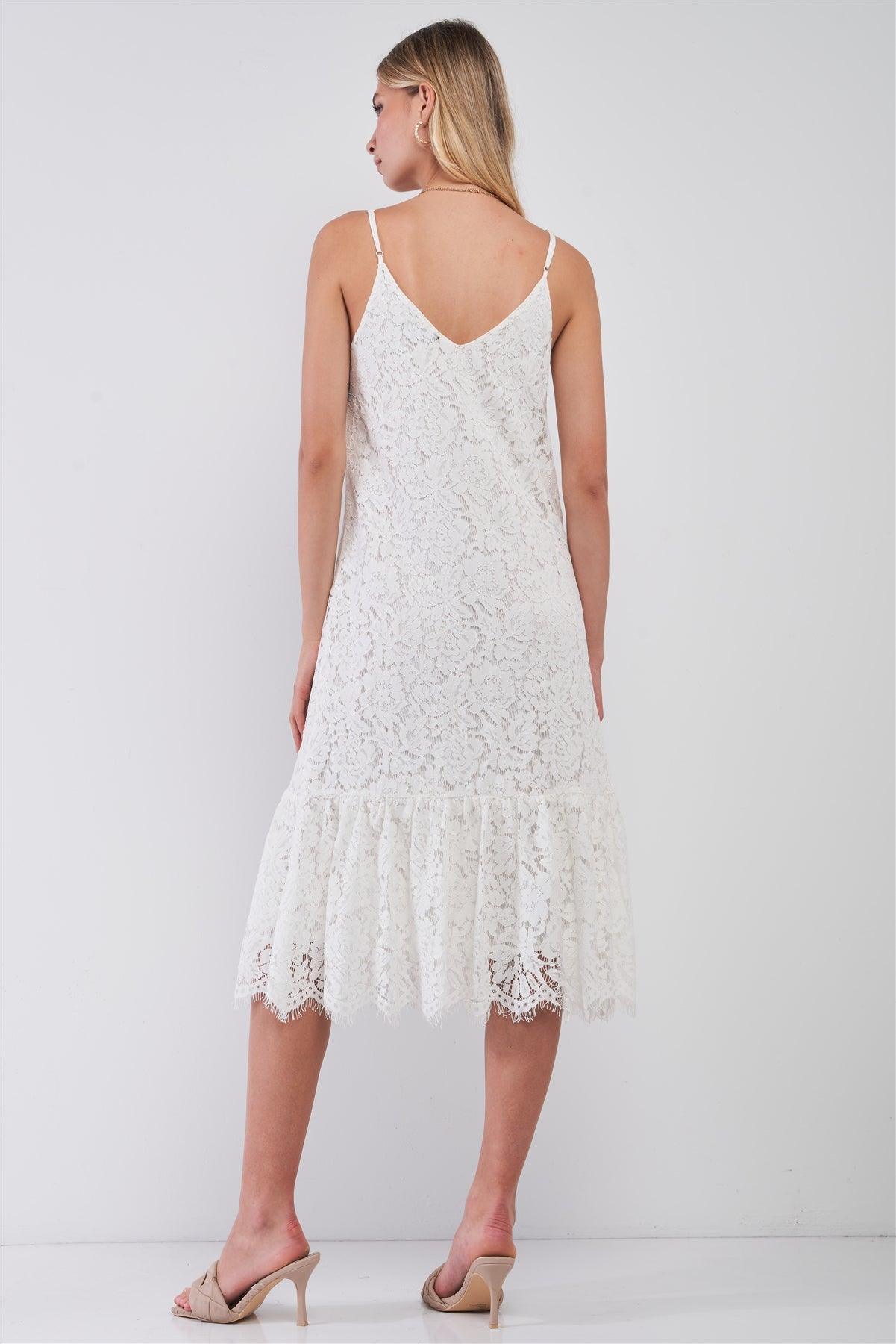 White Lace Embroidery V-Neck Sleeveless Midi Dress /1-1-2