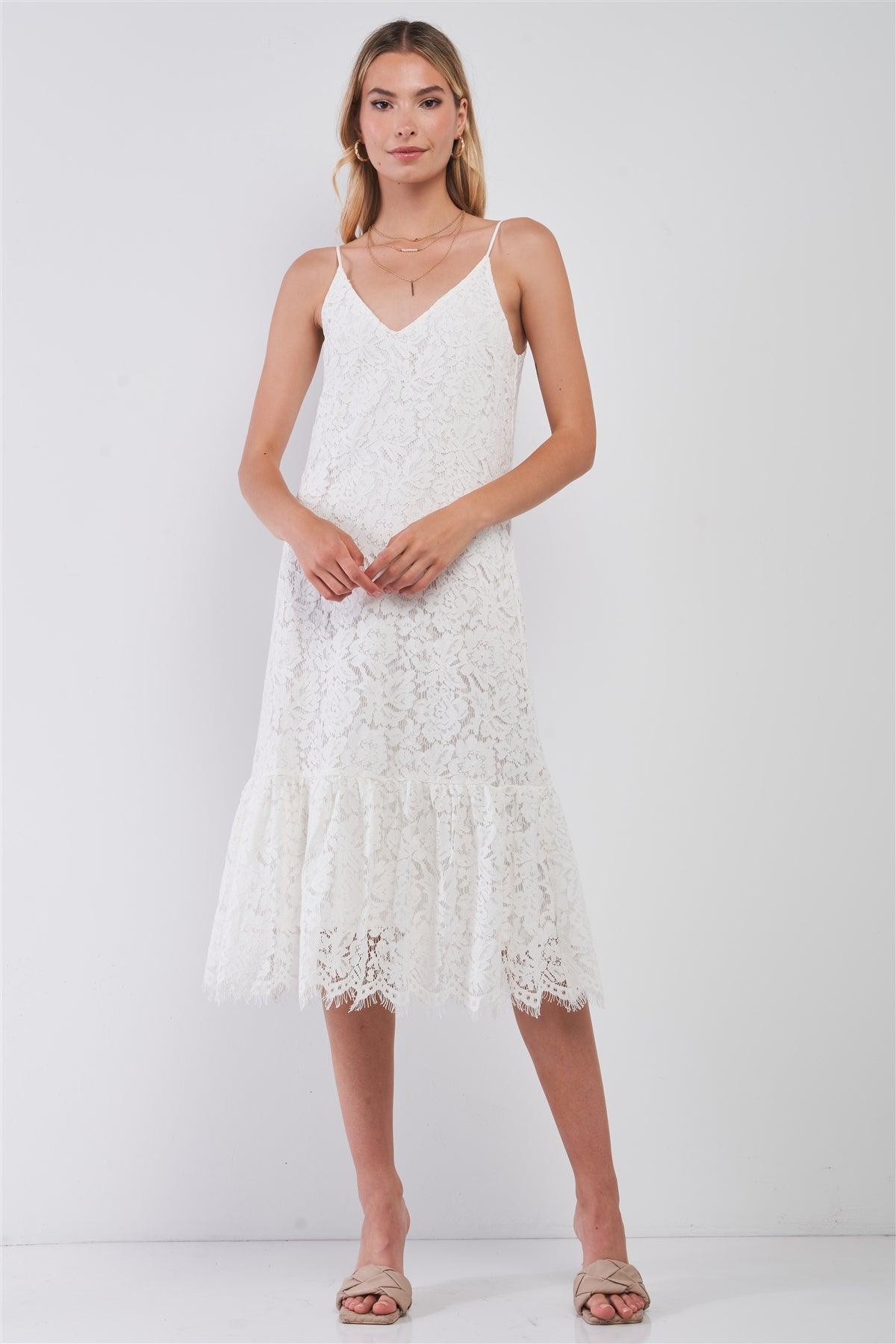 White Lace Embroidery V-Neck Sleeveless Midi Dress /1-1-2