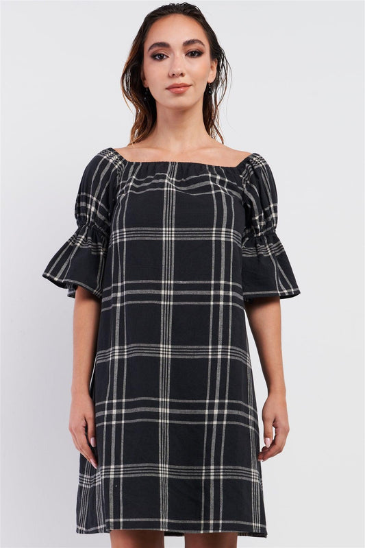 Washed Black Plaid Print Square Neck Balloon Puff Sleeve Relaxed Mini Dress /3-3