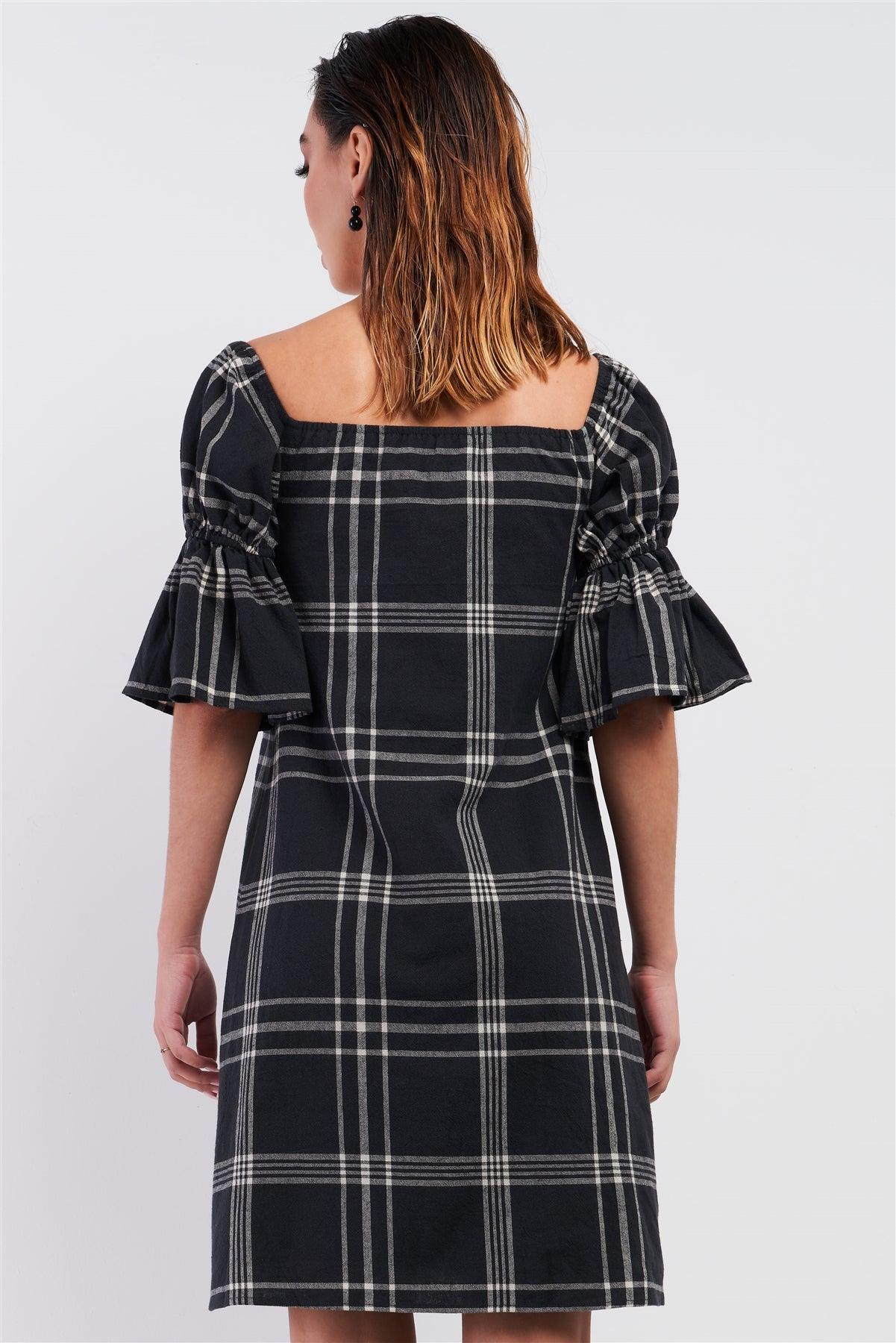 Washed Black Plaid Print Square Neck Balloon Puff Sleeve Relaxed Mini Dress /3-3