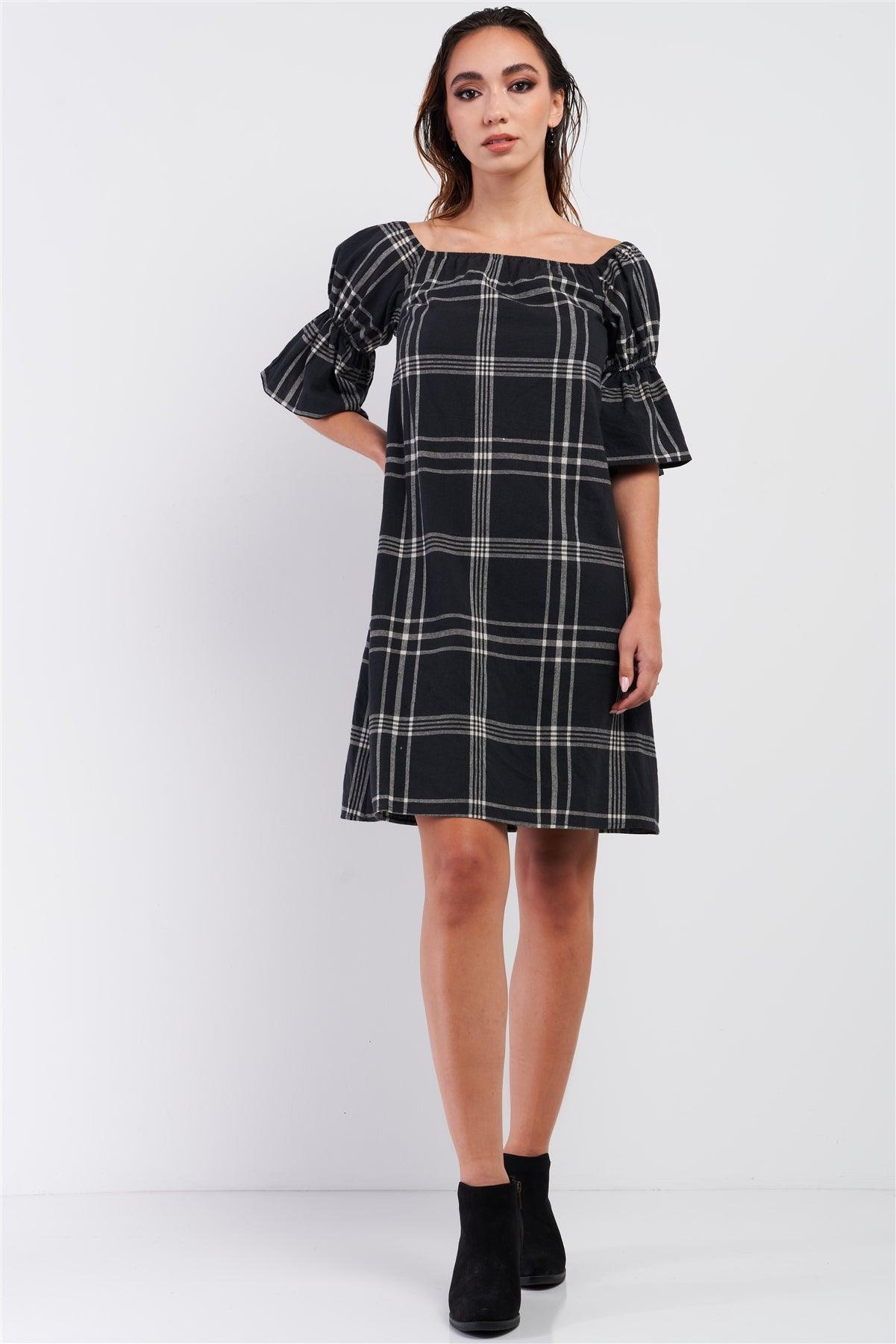 Washed Black Plaid Print Square Neck Balloon Puff Sleeve Relaxed Mini Dress /3-3