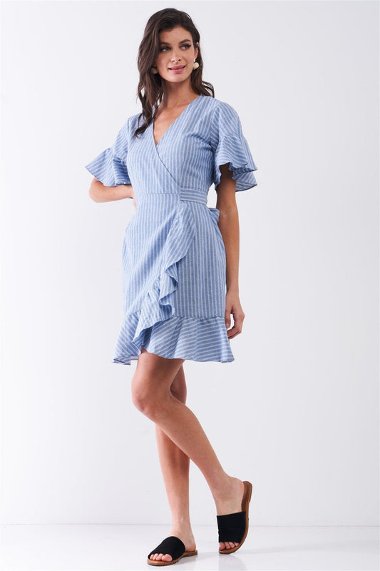 Blue & White Striped Deep Plunge V-Neck Ruffle Hem Self-Tie Waist Wrap Mini Dress /2-2