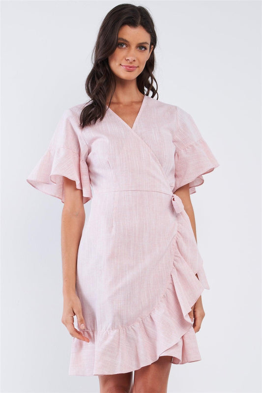 Pastel Pink Deep Plunge V-Neck Ruffle Hem Self-Tie Waist Wrap Mini Dress /2-3