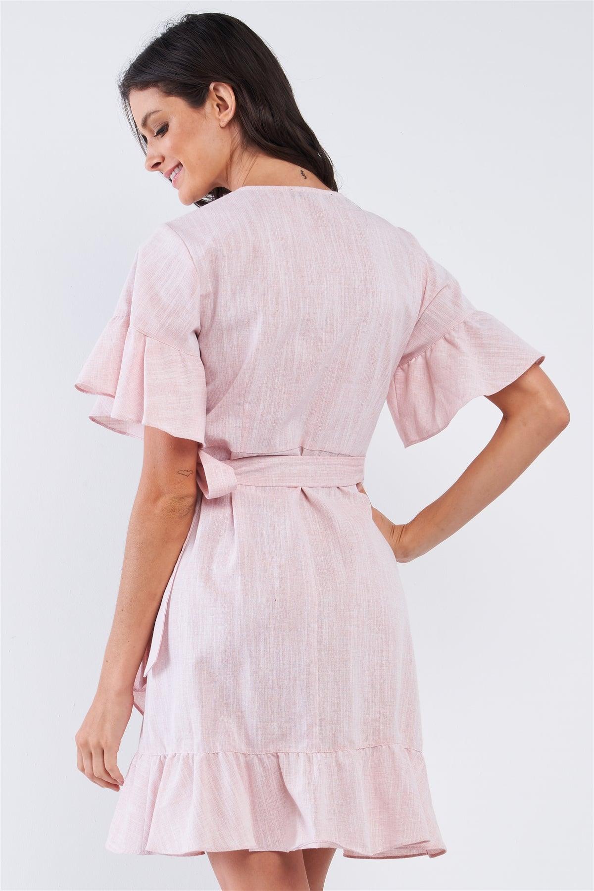 Pastel Pink Deep Plunge V-Neck Ruffle Hem Self-Tie Waist Wrap Mini Dress /2-3