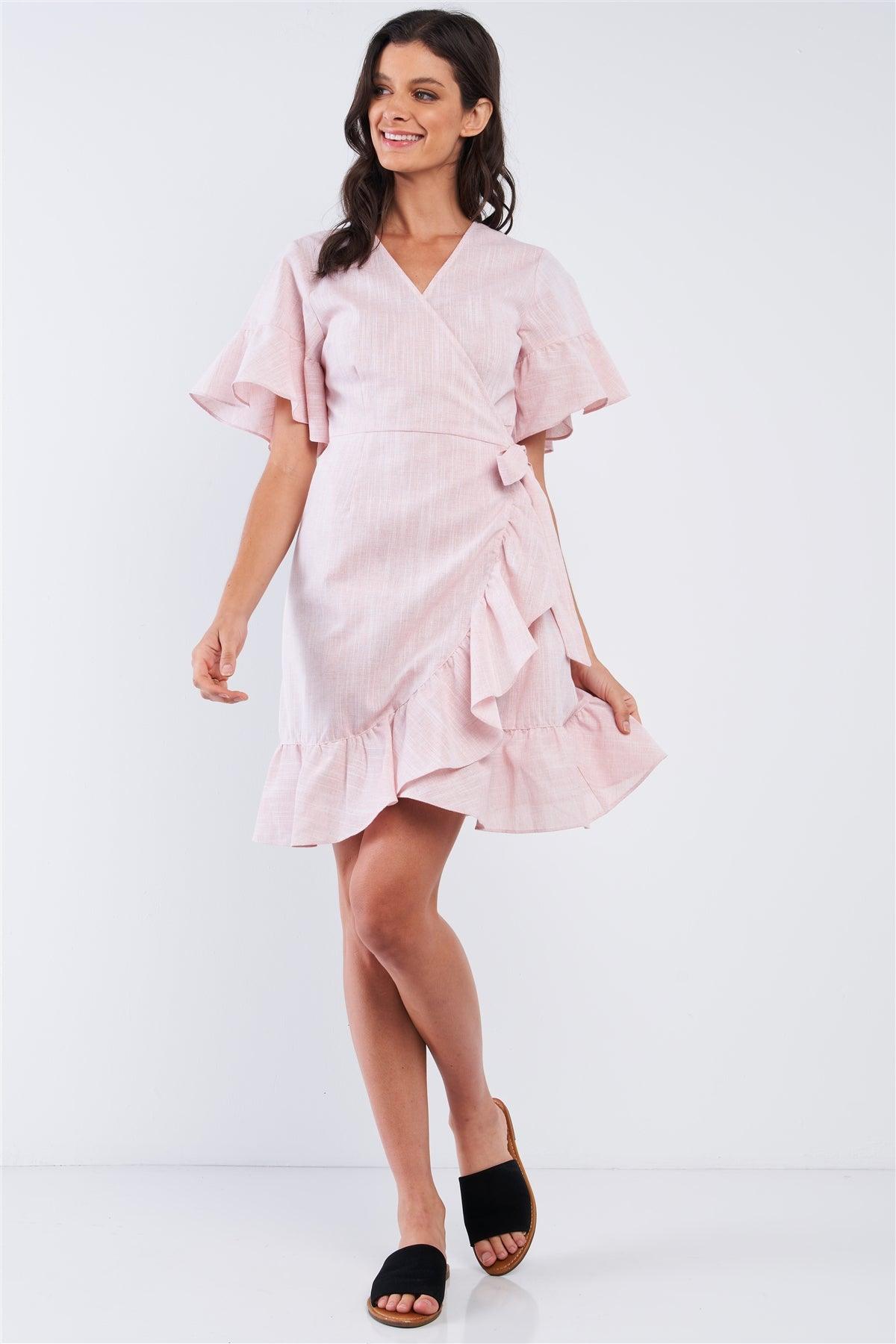 Pastel Pink Deep Plunge V-Neck Ruffle Hem Self-Tie Waist Wrap Mini Dress /2-3