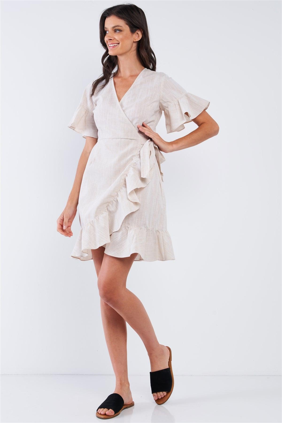 Tan Beige Deep Plunge V-Neck Ruffle Hem Self-Tie Waist Wrap Mini Dress /1-2-3