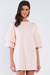 Powder Pink Cotton Loose Fit Crew-Neck Tunic Mini Dress With Layered Crochet Embroidered Scalloped Hem Sleeve /1-2-2-1