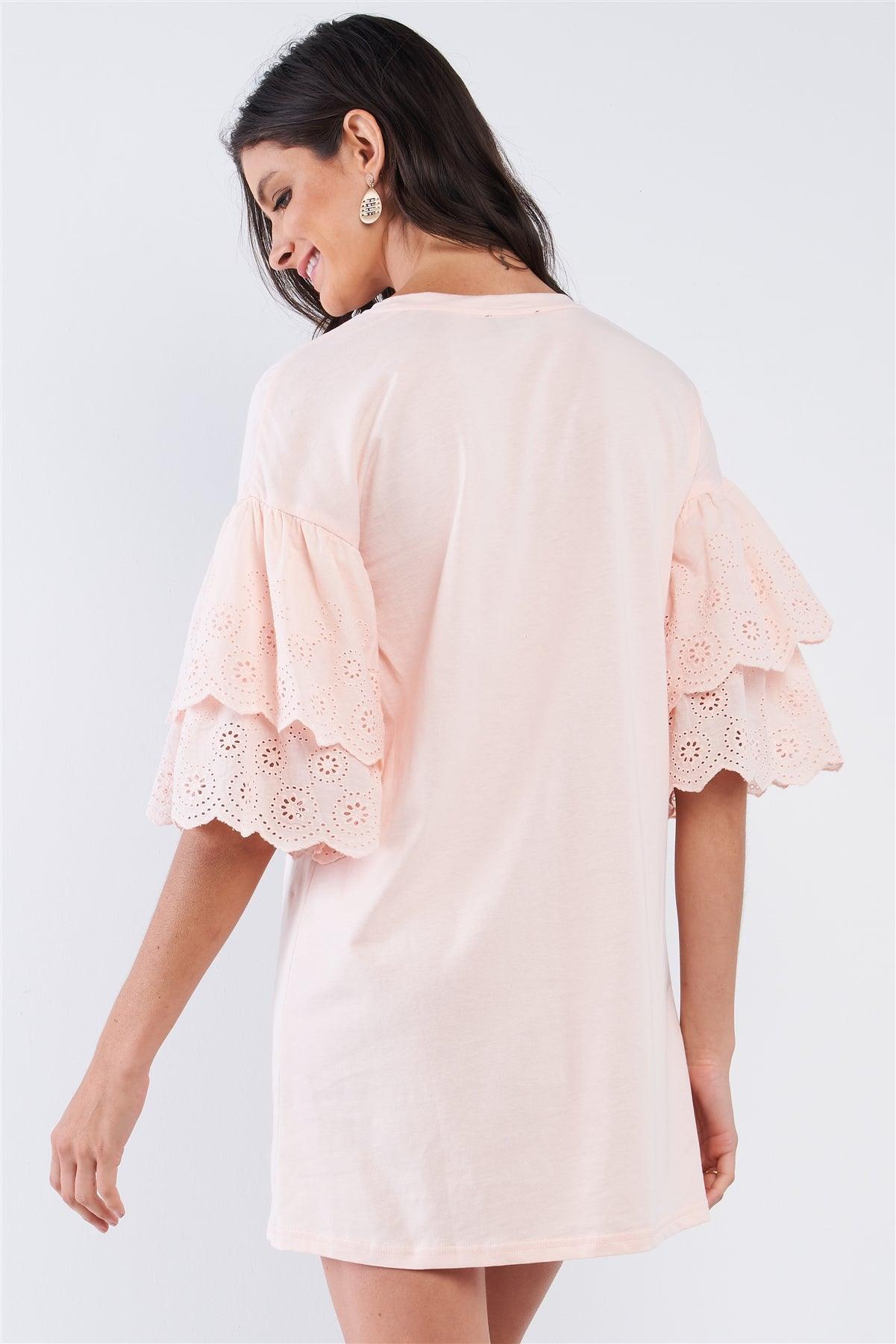 Powder Pink Cotton Loose Fit Crew-Neck Tunic Mini Dress With Layered Crochet Embroidered Scalloped Hem Sleeve /1-2-2-1