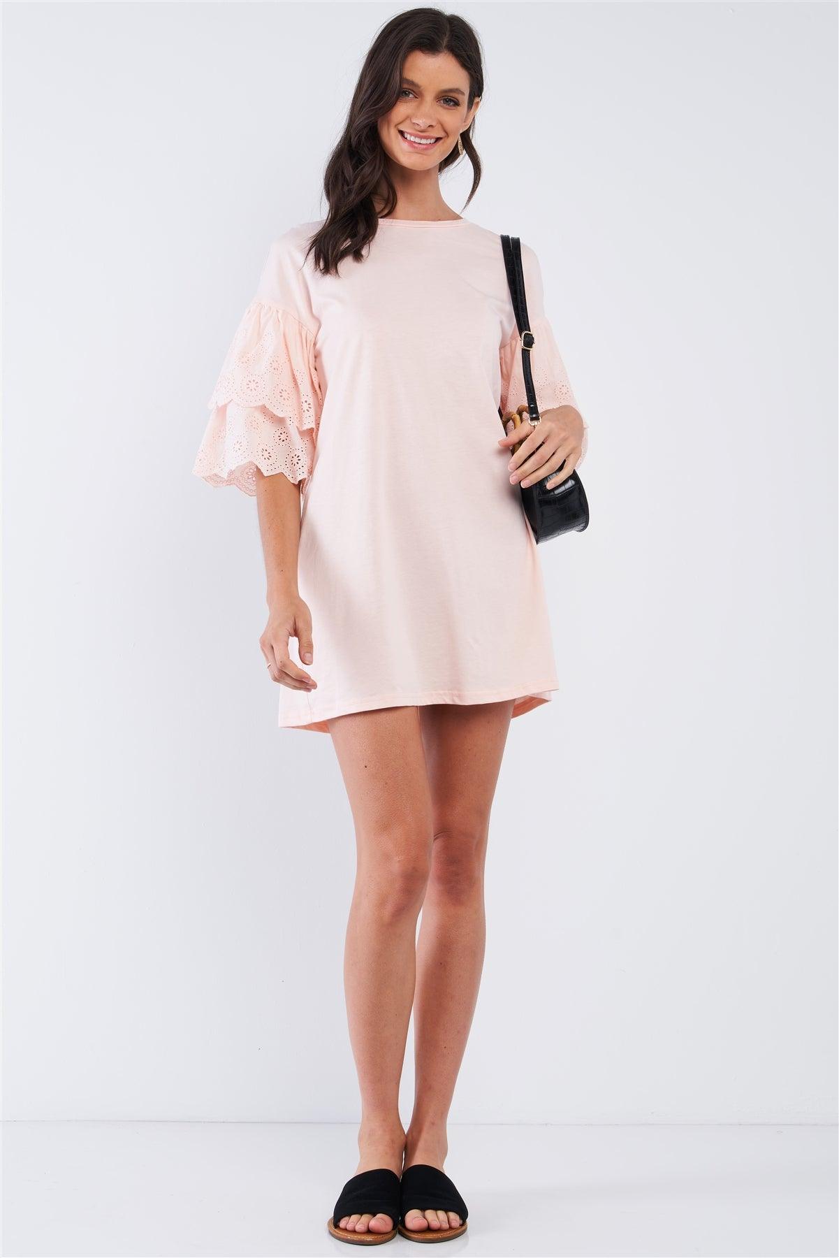 Powder Pink Cotton Loose Fit Crew-Neck Tunic Mini Dress With Layered Crochet Embroidered Scalloped Hem Sleeve /1-3-2