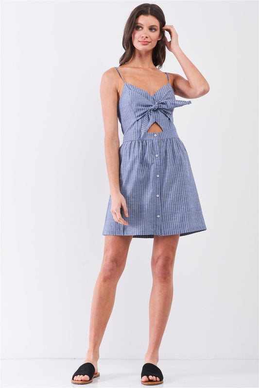 Blue & White Striped Sleeveless V-Neck Self-Tie Front Cut-Out Detail Mini Dress /1-1-2