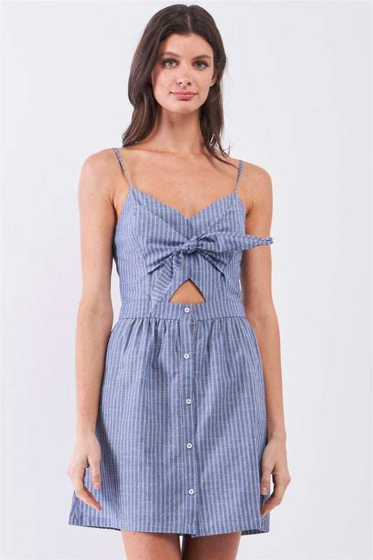 Blue & White Striped Sleeveless V-Neck Self-Tie Front Cut-Out Detail Mini Dress /1-2-2-1