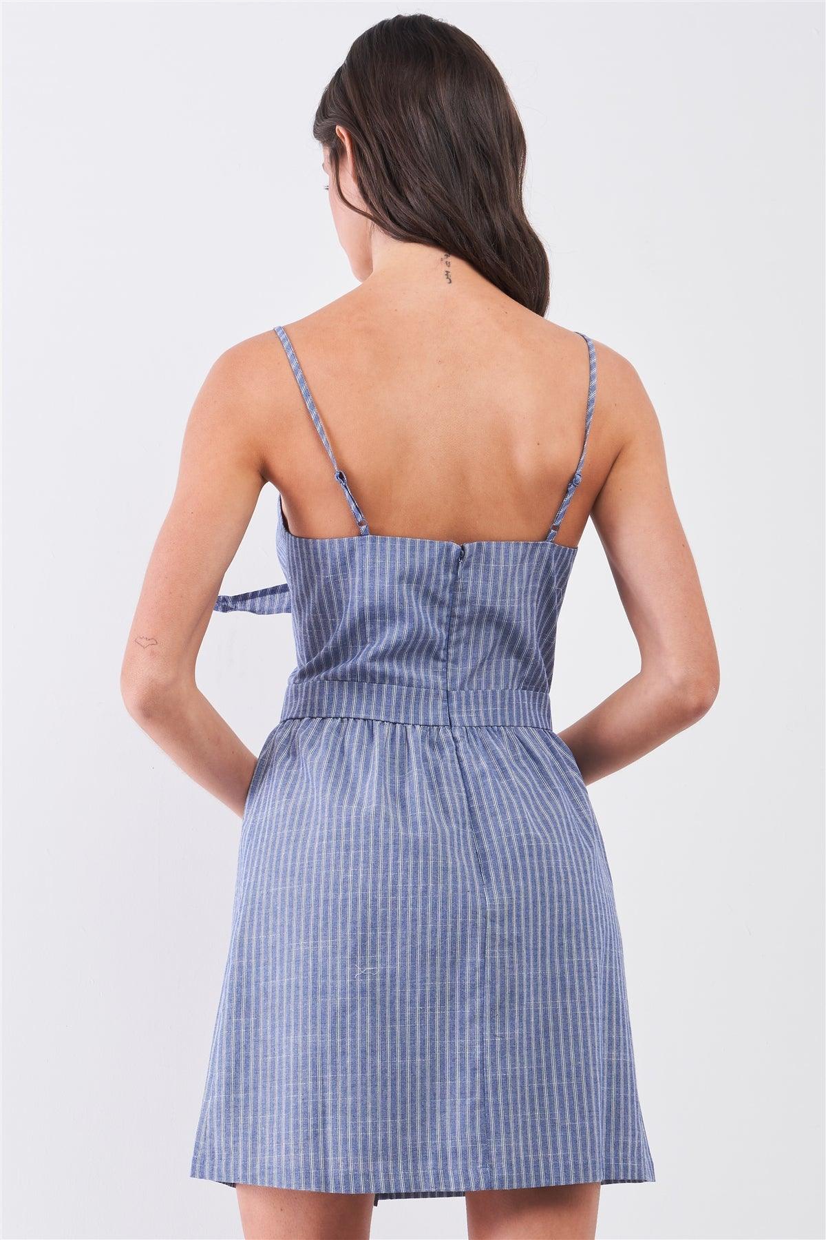 Blue & White Striped Sleeveless V-Neck Self-Tie Front Cut-Out Detail Mini Dress /1-2-2-1