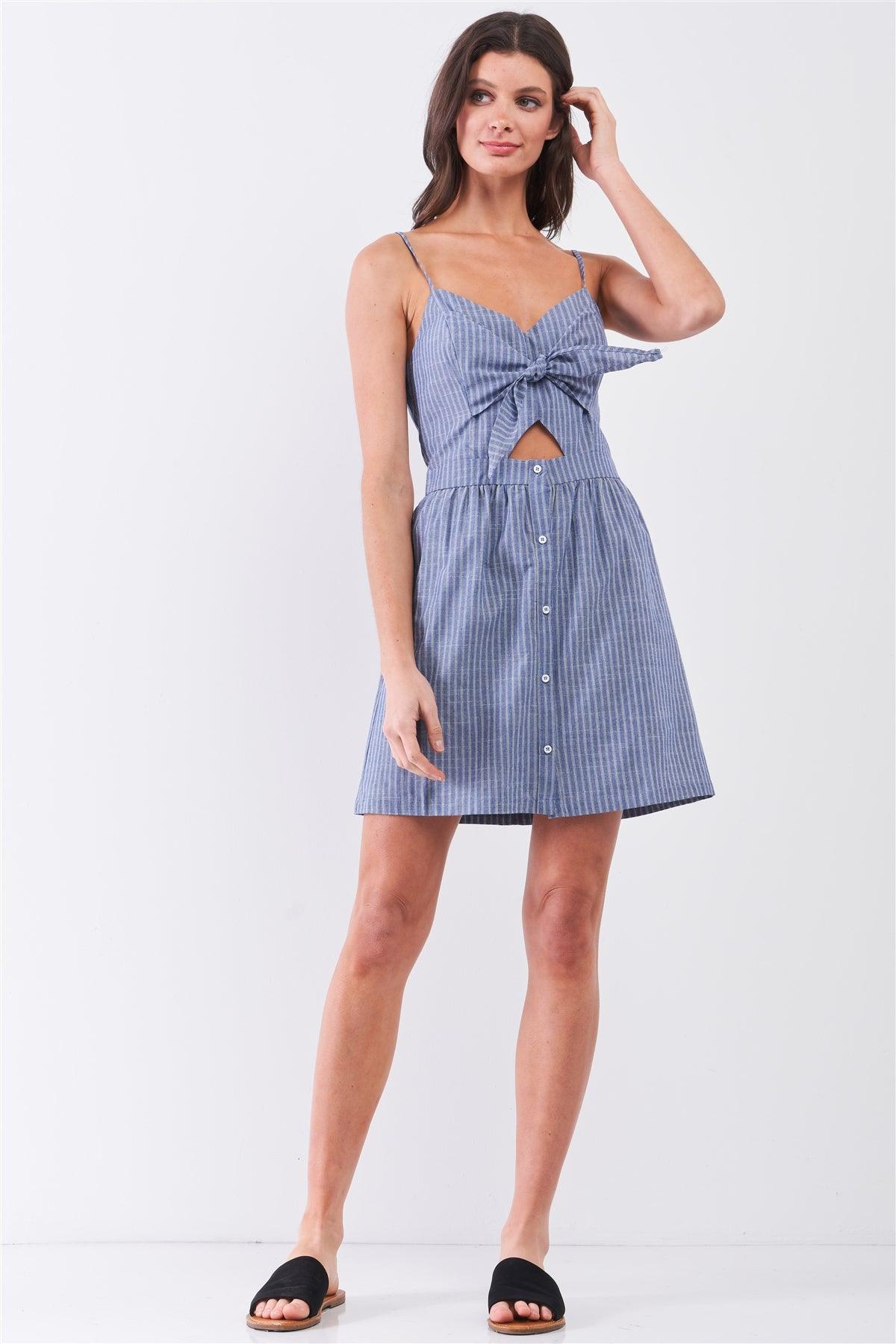 Blue & White Striped Sleeveless V-Neck Self-Tie Front Cut-Out Detail Mini Dress /1-2-2-1