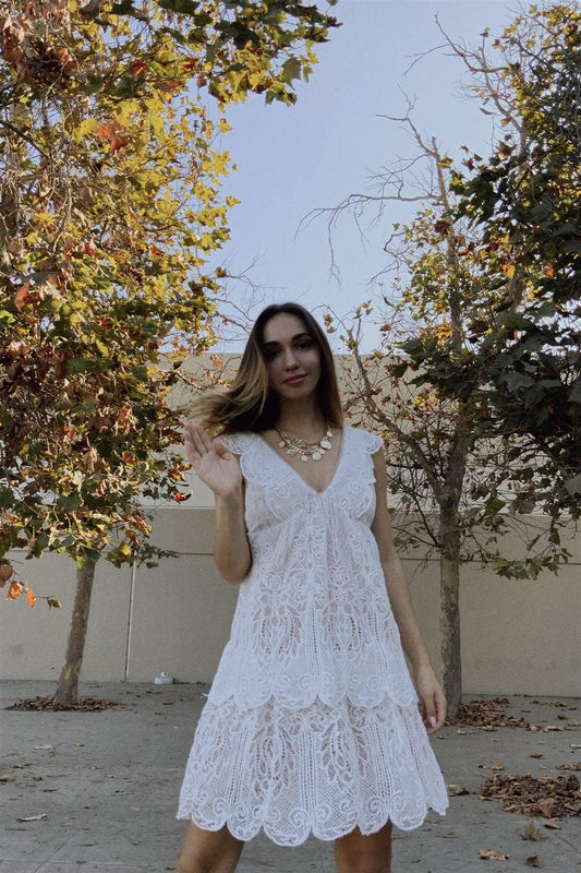 White Deep V-Neck Ruffle Crochet Lace Tiered Mini Dress