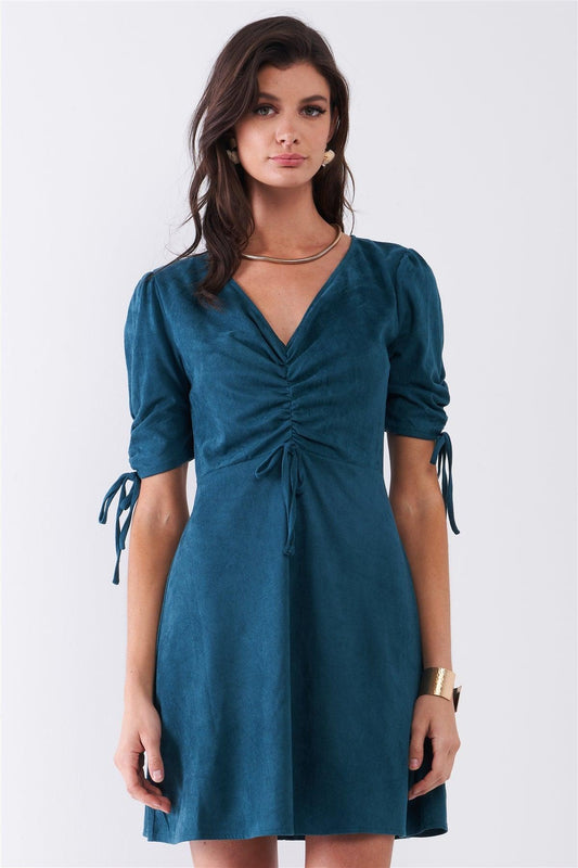 Emerald Green Suede Deep Plunge V-Neck Gathered Detail Tight Fit Mini Dress /1-1-2-1-1