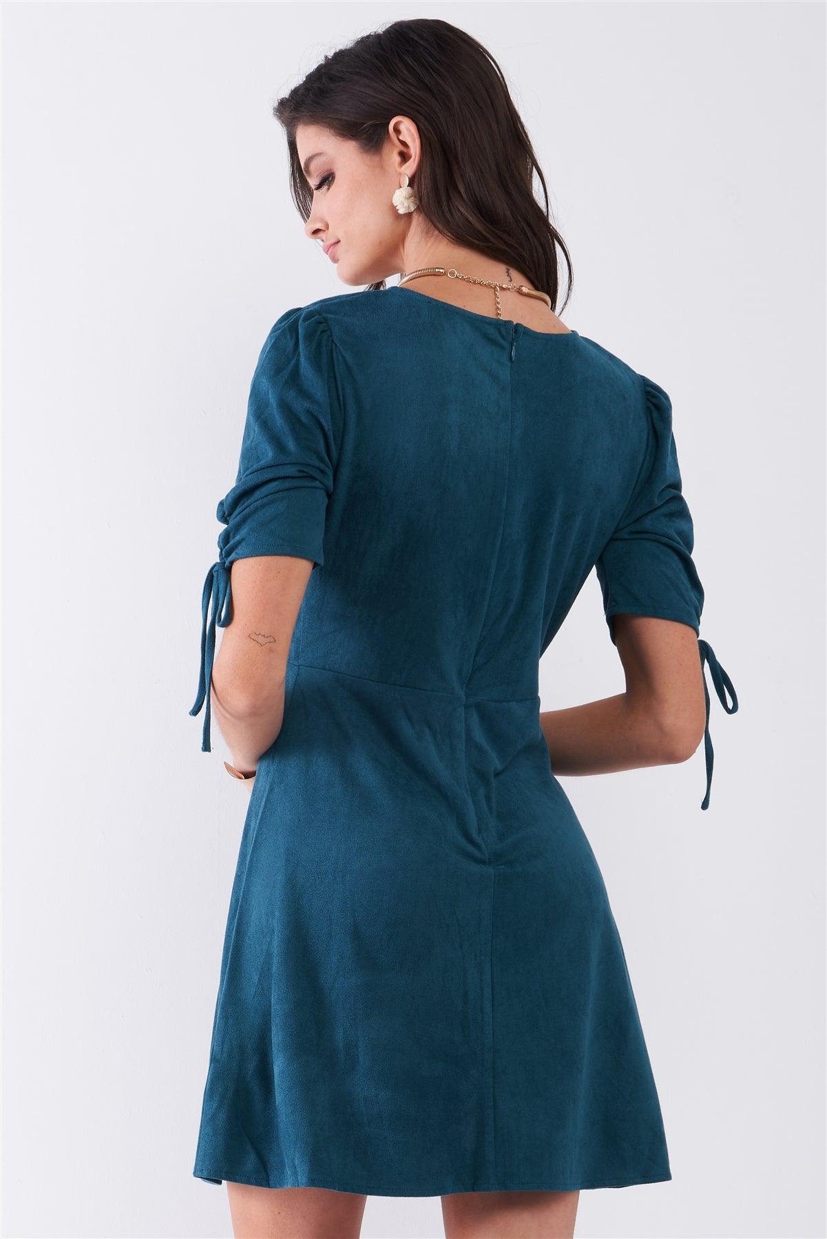 Emerald Green Suede Deep Plunge V-Neck Gathered Detail Tight Fit Mini Dress /1-1-3-1-1