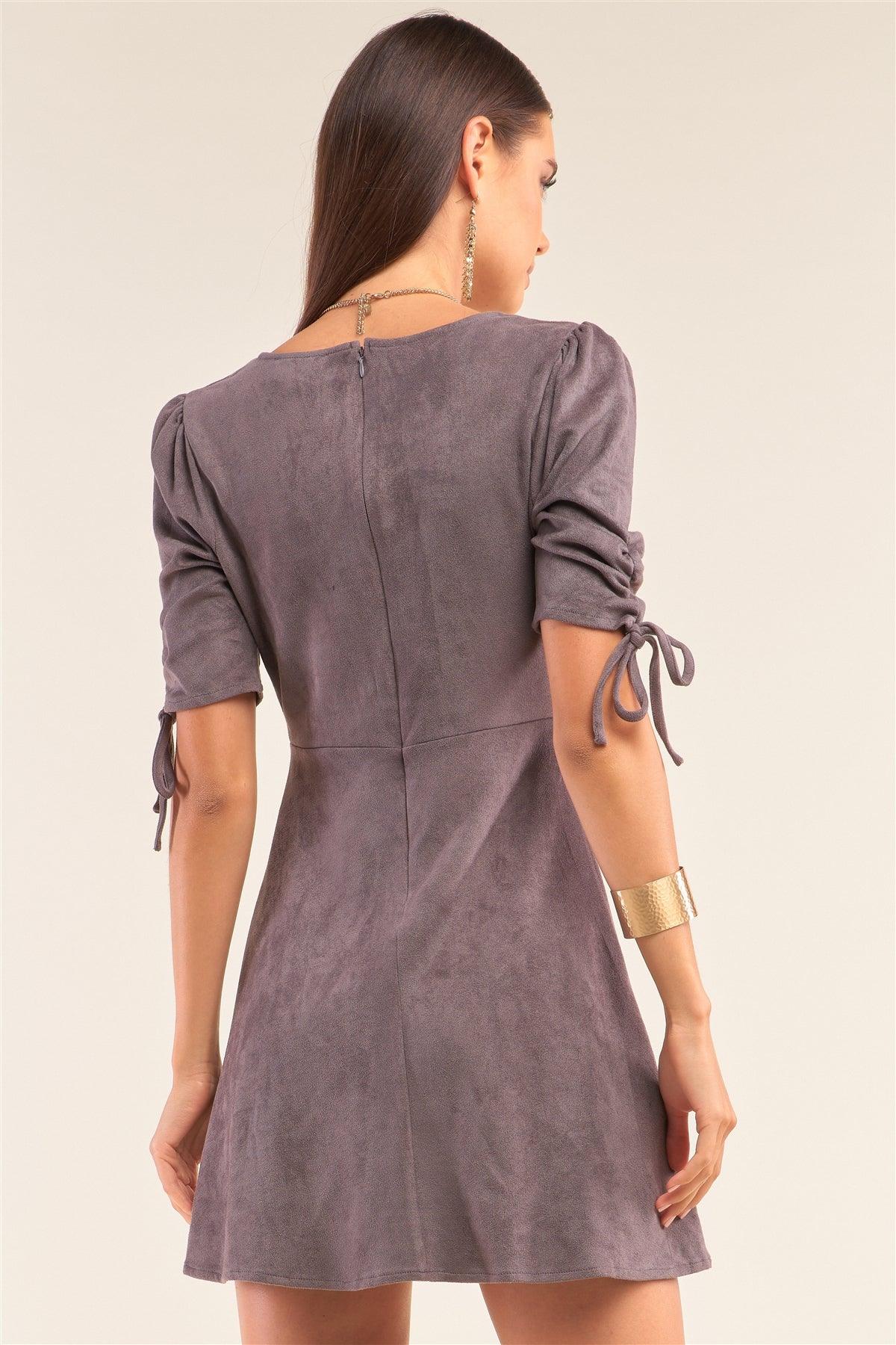 Charcoal Grey Suede Deep Plunge V-Neck Gathered Detail Tight Fit Mini Dress /1-2-1