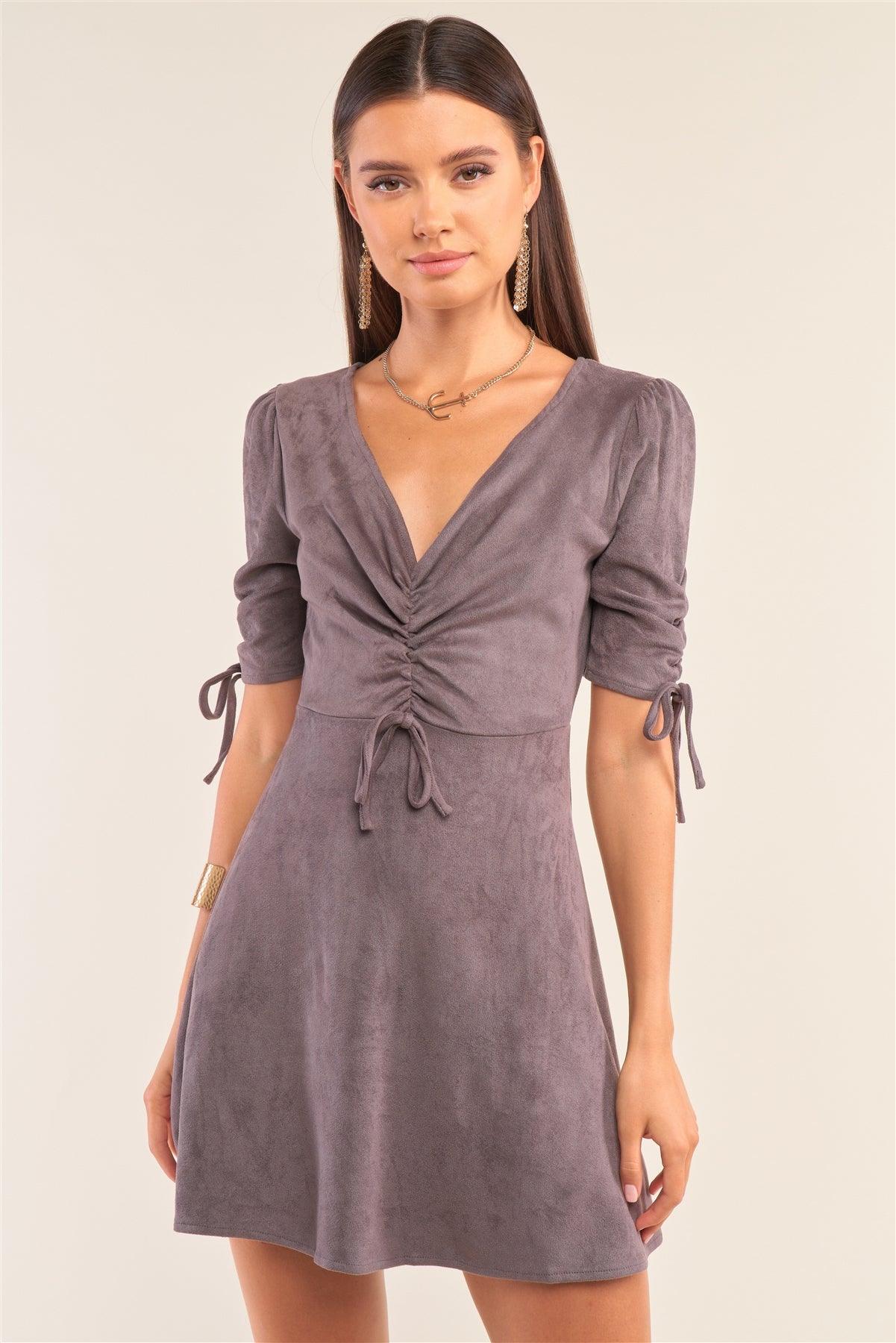 Charcoal Grey Suede Deep Plunge V-Neck Gathered Detail Tight Fit Mini Dress /1-2-1