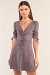 Charcoal Grey Suede Deep Plunge V-Neck Gathered Detail Tight Fit Mini Dress /1-2-2-1