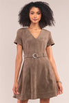 Olive Suede V-Neck Tight Fit D-Ring Buckle Belt Detail Mini Dress /1-2-2-1