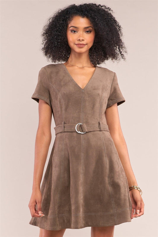 Olive Suede V-Neck Tight Fit D-Ring Buckle Belt Detail Mini Dress /1-2-2-1