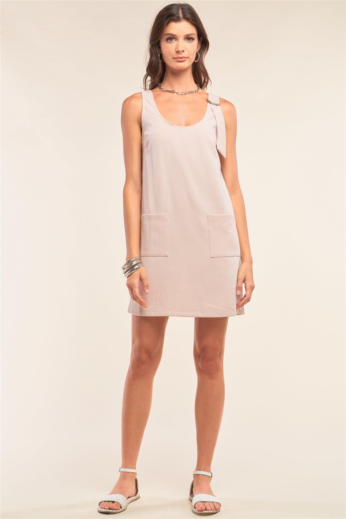 Pastel Nude Sleeveless Scoop Neck D-Ring Strap Detail Front Pockets Tube Mini Dress /1-2-2