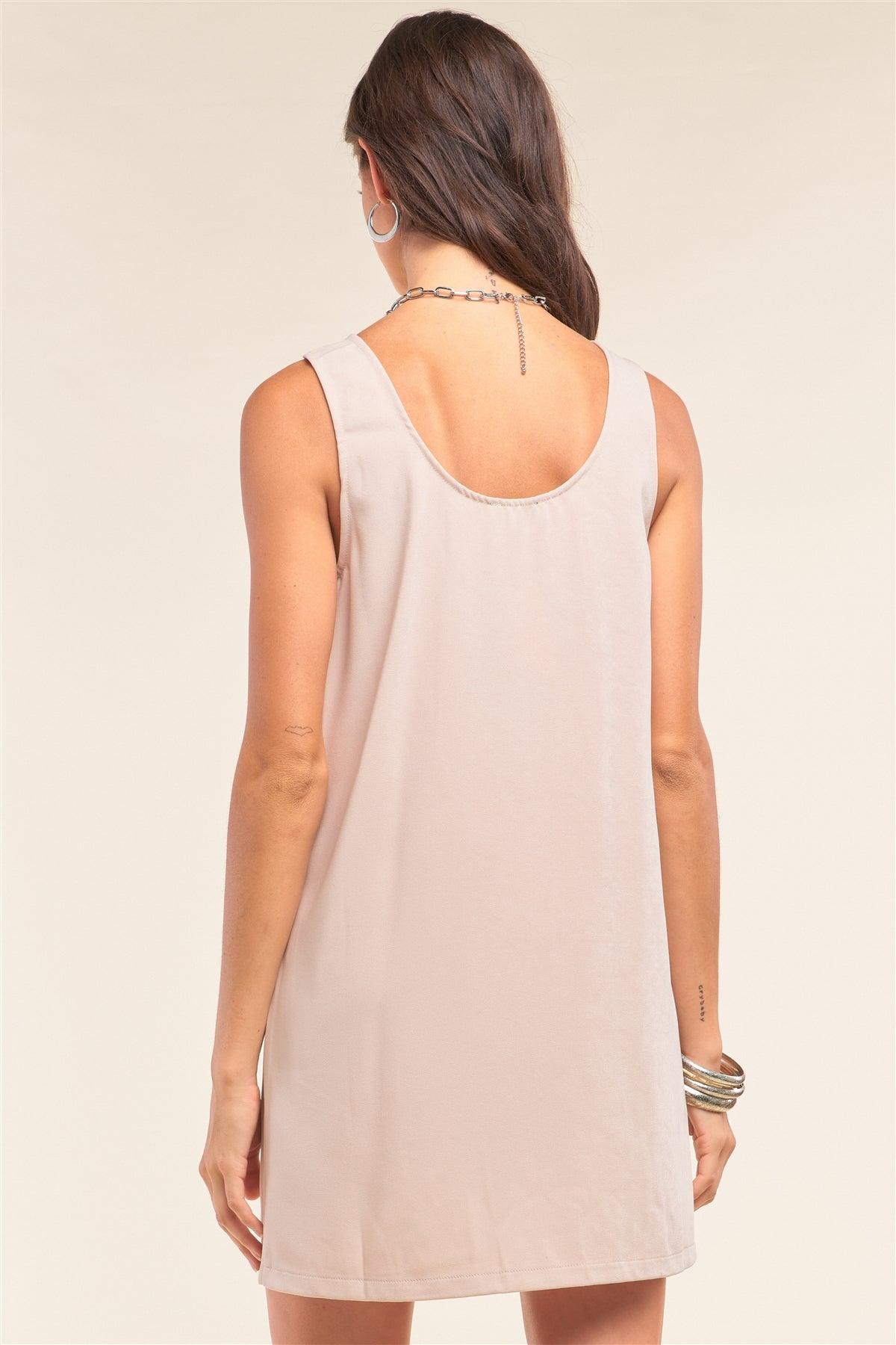 Pastel Nude Sleeveless Scoop Neck D-Ring Strap Detail Front Pockets Tube Mini Dress /1-2-2