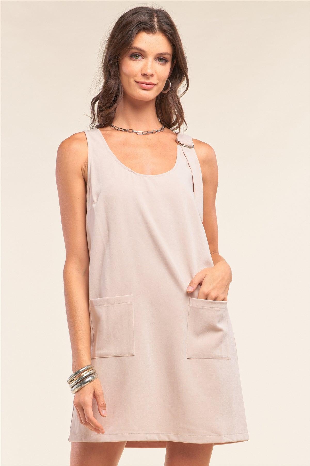 Pastel Nude Sleeveless Scoop Neck D-Ring Strap Detail Front Pockets Tube Mini Dress /1-2-2