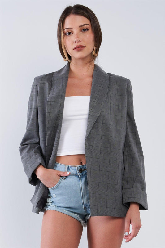 Grey Checkered Print Relaxed Fit Boyfriend Casual Blazer Jacket